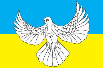 Vector dove of peace in flat style on yellow blue background, flag of Ukraine.  Ukraine will win.  Peace