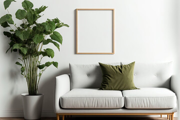 Mockup of a square poster on a white wall background with a wooden frame, a couch, and some greenery. Generative AI