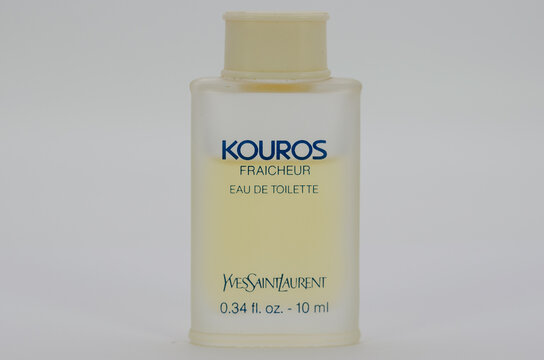 
Aachen February 2021: Close-up of a miniature perfume The intensity of the fragrance of the Yves Saint Laurent Kouros Eau de Toilette is perceived by customers as very pleasant