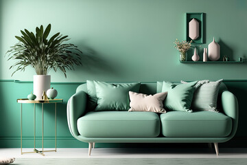 Modern interior and furniture design in the mint living room. mockup of an unpainted wall used for art. Olive sofa and background with pastel colors. premium lounge space with luxury. Generative AI