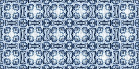 Indigo dye wash coastal damask seamless border pattern. Washed out geometric dip dyed blur effect edging. Nautical and marine ocean blue masculine endless tape background with linen texture trim.