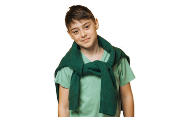 Cute handsome Italian boy dressed in casual over transparent background looking smartly. Stylish...
