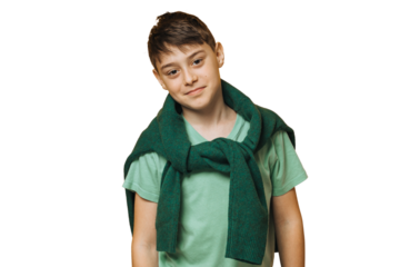 Cute handsome Italian boy dressed in casual over transparent background looking smartly. Stylish teen concept. Smart caucasian schoolboy looks at camera. American kid cute smiles. Youth, childhood.