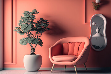 modern living room with mid century minimalist decor Concept for living coral decor, an antique pink armchair next to a coral wall, and a white floor. Generative AI