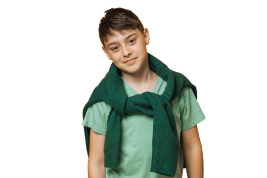 Cute handsome Italian boy dressed in casual over transparent background looking smartly. Stylish teen concept. Smart caucasian schoolboy looks at camera. American kid cute smiles. Youth, childhood. - Powered by Adobe