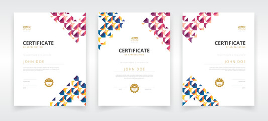 Vertically oriented modern and professional certificate template set with multicolored artwork that can be used in educational or business sector