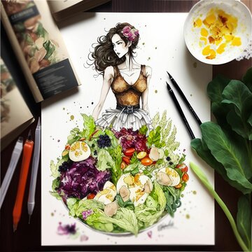 Girl And Salad With Vegetables, Watercolor