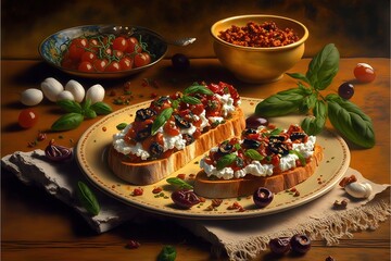 Fototapeta premium a painting of a plate of food on a table with a bowl of beans and a bowl of tomatoes and a bowl of beans and a bowl of tomatoes on the table cloth with a cloth on the table cloth with a cloth and a.