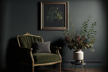 mock up frame with an armchair and a branch in a vase in a dark home decor. Generative AI