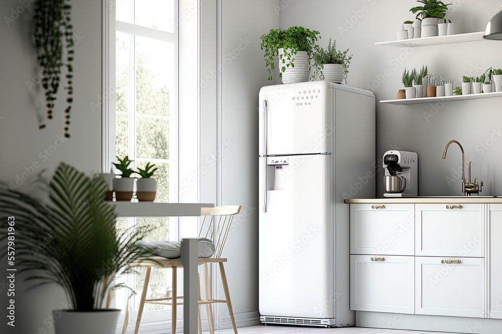 Sticker Scandinavian interior with a light, simple, and minimalist kitchen. White furnishings, a small fridge, a stove with utensils, an extractor hood, shelves with potted plants, and morning curtains