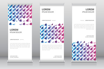 Modern and professional roll up banner template or vertical signboard template with purple and blue gradient artwork, Retractable banner, Pull up banner, Standee template, X-banner template