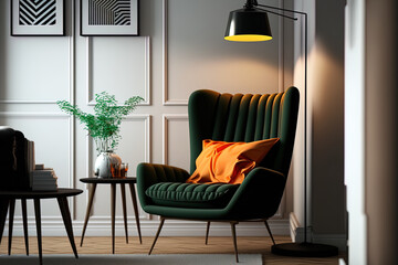 Stylish living room with a lamp and a chair. furnishings with a Scandinavian aesthetic. Generative AI