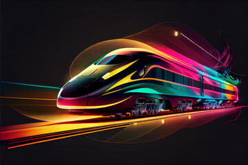 Futuristic modern train of non existent design drawed with neon lights