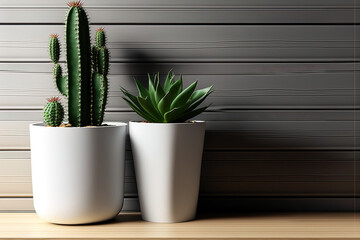 planters on a white desk and copy area against a timber wall. Generative AI