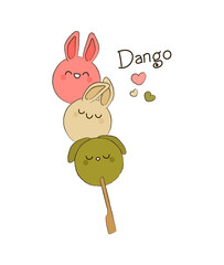 Kawaii dango characters on stick vector illustration. Hanami dango traditional Japanese dessert. Animal shaped rice dumplings with bunny ears