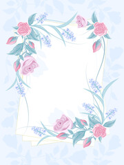 Greeting illustration decorated with rose flowers, delicate wildflowers. For a wedding, Valentine's day, birthday or the design of an invitation card. Vector