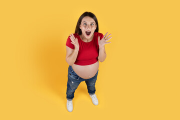 Fototapeta na wymiar Portrait Of Shocked Young Pregnant Female Opening Mouth In Amazement