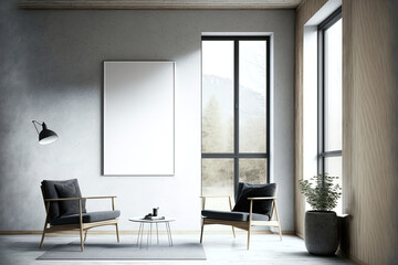 Interior of a minimalist living room with a coffee table, a white armchair, a concrete floor, and a wooden wall. A poster in a picture window. a mockup. Generative AI