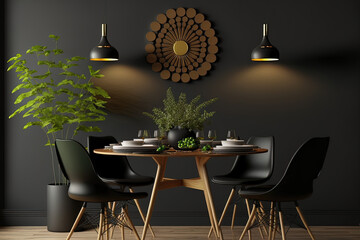 A modern dining area with a black wall, a round black table in the middle, and wooden chairs all around. Generative AI