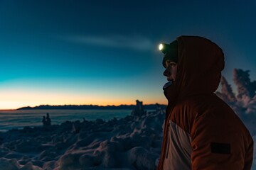 Teenager boy in a warm winter jacket with a headlamp on a mountain winter trail. Minutes before sunset, Babia Gora, Beskids, Poland - obrazy, fototapety, plakaty