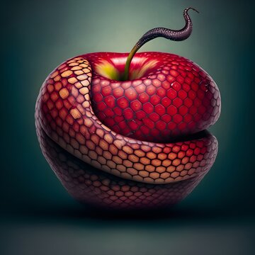 Beautiful red apple fruit in the shape of a snake. Apple skin as a snake skin. Generative AI illustration. Creative digital food art.