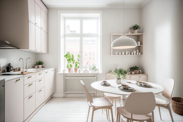 Fototapeta na wymiar Warm pastel white and beige colors are used in the interior design of the spacious, cheerful studio apartment in the Scandinavian style. Modern touches in the kitchen and fashionable furniture in the