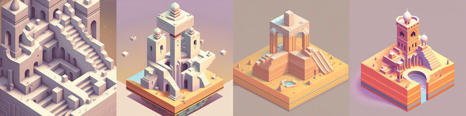 Group of 4 3D game design isometric islands concept render art in light colors and pastel gradients in a minimalist and modern style 