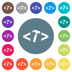 Web development with hammer flat white icons on round color backgrounds
