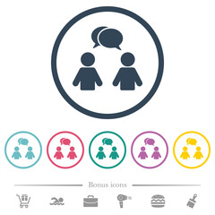 Two talking persons with oval bubbles solid flat color icons in round outlines