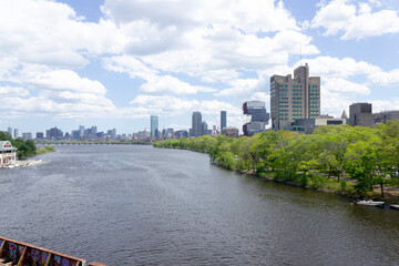 Boston city is viewed from the Boston University Bridge. Charles River.