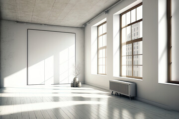 A contemporary, light filled loft space with a wooden floor and white walls. Generative AI