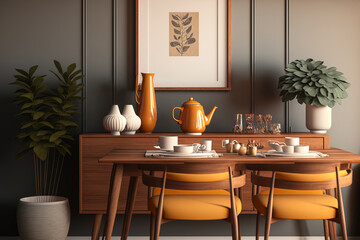 A contemporary dining room interior composition featuring a wooden table, chic chairs, decorations, a teapot, cups, vessel, commode, and attractive home decor accents. Template. Generative AI