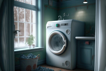 Laundry in a washing machine Interior of a Bathroom in a House. Generative AI