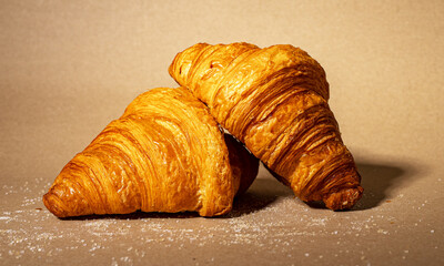Croissants, bakery. Fresh French breakfast fo two. Baked tasty dessert