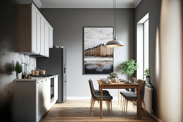 Fototapeta na wymiar Gray walls, a wooden floor, a long dining table, and a vertical mock up poster decorate this contemporary kitchen. Generative AI