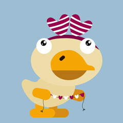 Design is a cute Duck  holding  Valentine's card decoration  with a heart  and Love