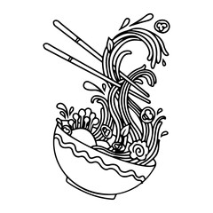 Soup with ramen noodles. Noodles. Vector illustration. Traditional Asian Japanese food in sun red circle with texture Vector illustration