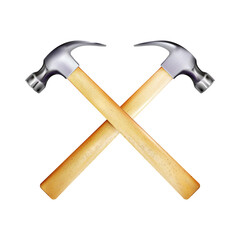 Crosshairs of steel realistic hammers with wooden handle. Work tool isolated. png