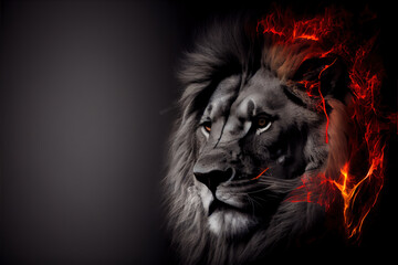 Lion with mane of fire, big cat over black background with copy space