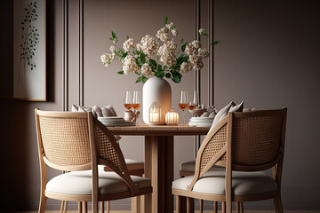 Elegant dining room with beige interior and design, hardwood oak table and chairs, flower vase, and elegant rattan accents. Korean interior design. Template. Generative AI