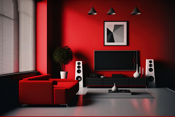 red wall with living room. Generative AI