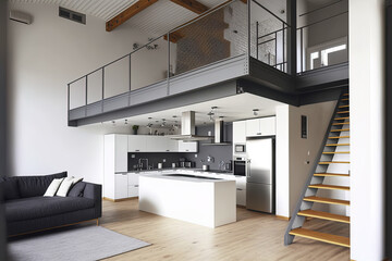 modern, mezzanine style apartment. Generative AI - obrazy, fototapety, plakaty