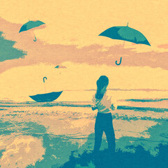 Ilustracja grafika młoda dziewczyna na plaży spadające z nieba parasolki. © Monika