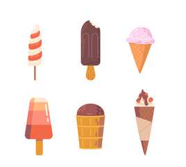 Set Of Ice Cream, Waffle Cone, Popsicle, Fruit Ice Or Yogurt Icecream. Sweet Creamy Dessert Of Various Flavors, Icons