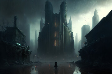 Futuristic cyberpunk city in dark colors. Concept of science fiction in the city center at night with whimsical houses, castles. Gen Art