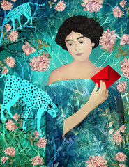 Ilustracja grafika młoda kobieta list w czerwonej kopercie abstrakcyjne tło kwiaty pantery