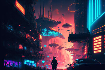 Futuristic neon cyberpunk city with the silhouette of an alien hero. Downtown sci-fi concept at night with skyscraper, highway and billboards. Gen Art	