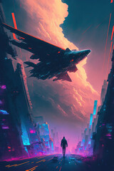 flying cyberpunk city in the clouds, neon lights, technology city of the future, art illustration
