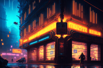 Futuristic neon cyberpunk city with the silhouette of an alien hero. Downtown sci-fi concept at night with skyscraper, highway and billboards. Gen Art