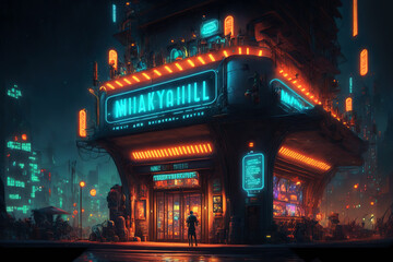 Futuristic neon cyberpunk city with the silhouette of an alien hero. Downtown sci-fi concept at night with skyscraper, highway and billboards. Gen Art
